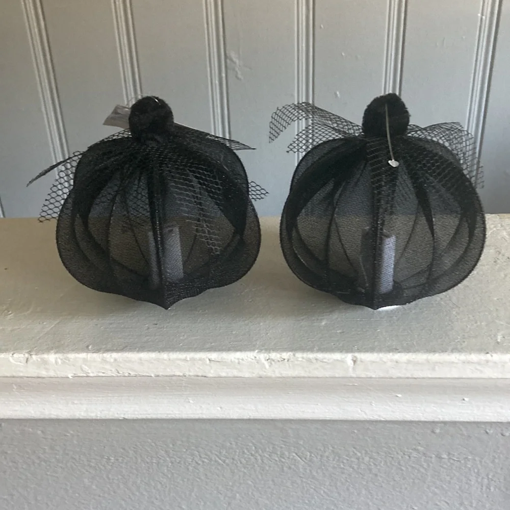 NWT- 2- Elegant Black Lace Covered Light Up LED Halloween Pumpkin Decorations
